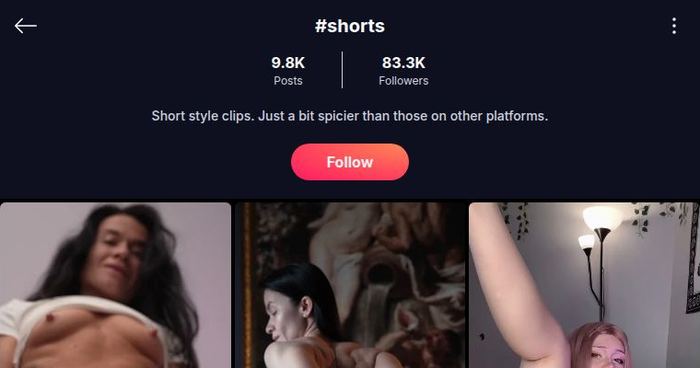 Topo da página #shorts da FikFap com contadores, descrição e botão Follow